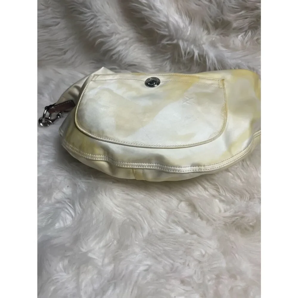 Coach Hampton sateen off white &Yellow marble hobo Bag tan leather &fabric strap